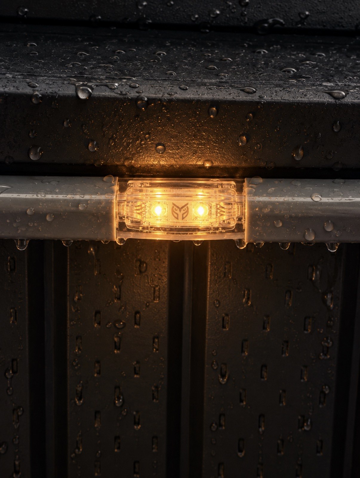 Close view of a weather-exposed Wise LED module beneath a roofline